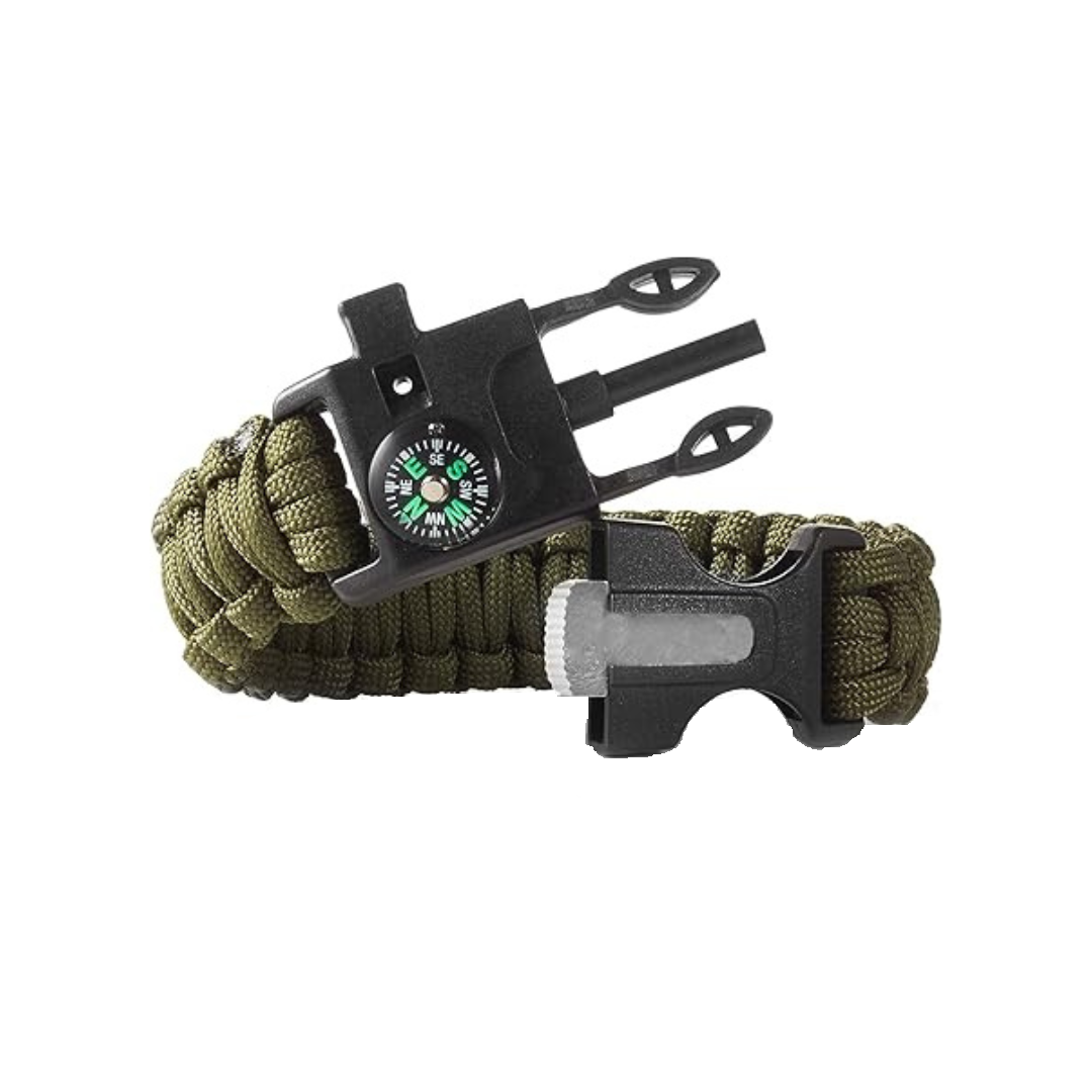 Tactical Paracord Survival Bracelet with Compass, Fire Starter & Whistle (Military Green)