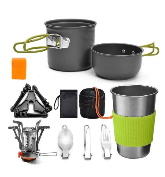 Portable Camping Outdoor Travel Cookware Cooking Set with Stove Spoon Fork Cutter