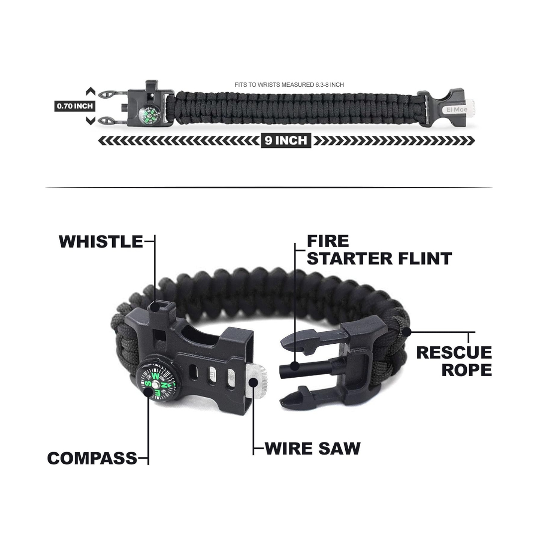 Survival Paracord Whistle Hiking Compass Camping Fire Starter Kit Bracelet (Black)