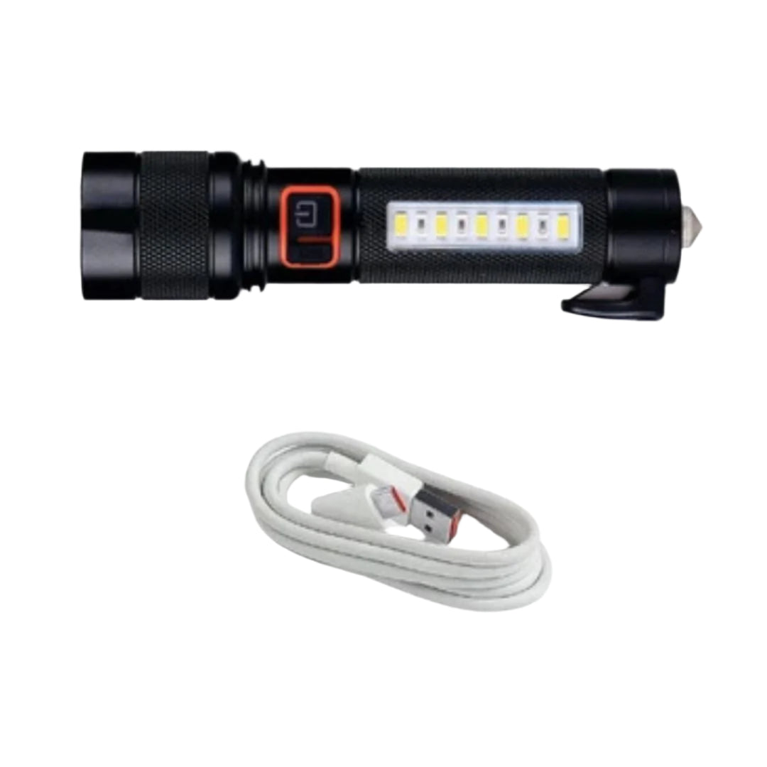 LED Tactical Flashlight – Rechargeable Multi-Function Emergency Torch with Hammer and Seatbelt Cutter (MZ M987-Black)