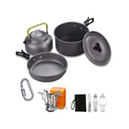 Camping cookware set with pot, pan, kettle, stove, utensils, and storage bag