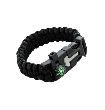 Survival Paracord Whistle Hiking Compass Camping Fire Starter Kit Bracelet (Black)
