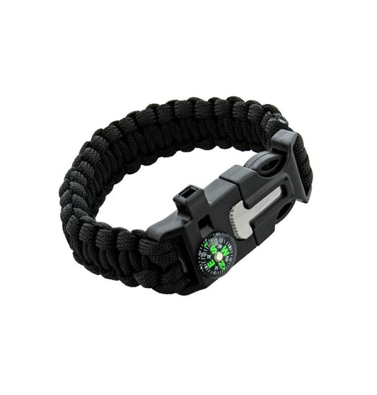 Survival Paracord Whistle Hiking Compass Camping Fire Starter Kit Bracelet (Black)
