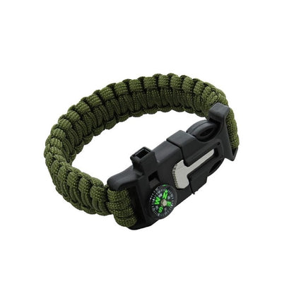 Survival Paracord Whistle Hiking Compass Camping Fire Starter Kit Bracelet (Green)