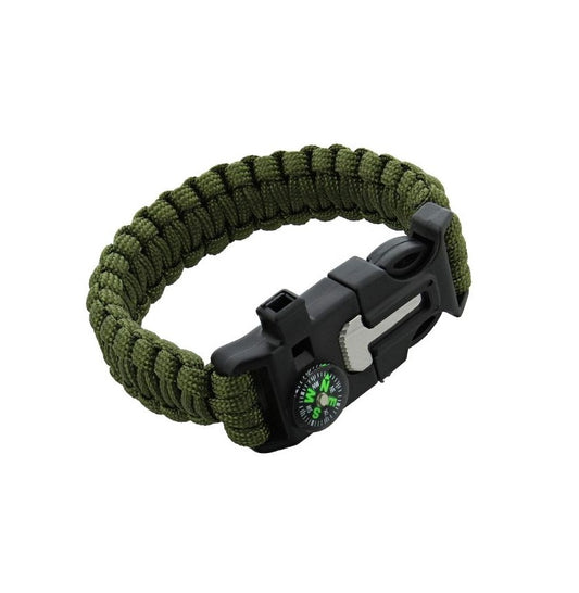 Survival Paracord Whistle Hiking Compass Camping Fire Starter Kit Bracelet (Green)