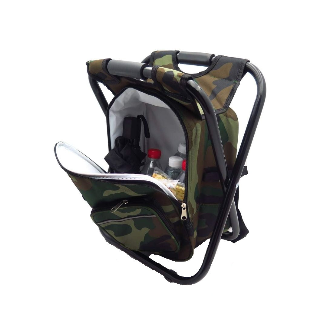 Folding Camping Stool with Built-in Cooler Bag – Portable Camouflage Chair with Storage for Fishing, Hiking, Picnic & Outdoor Adventures