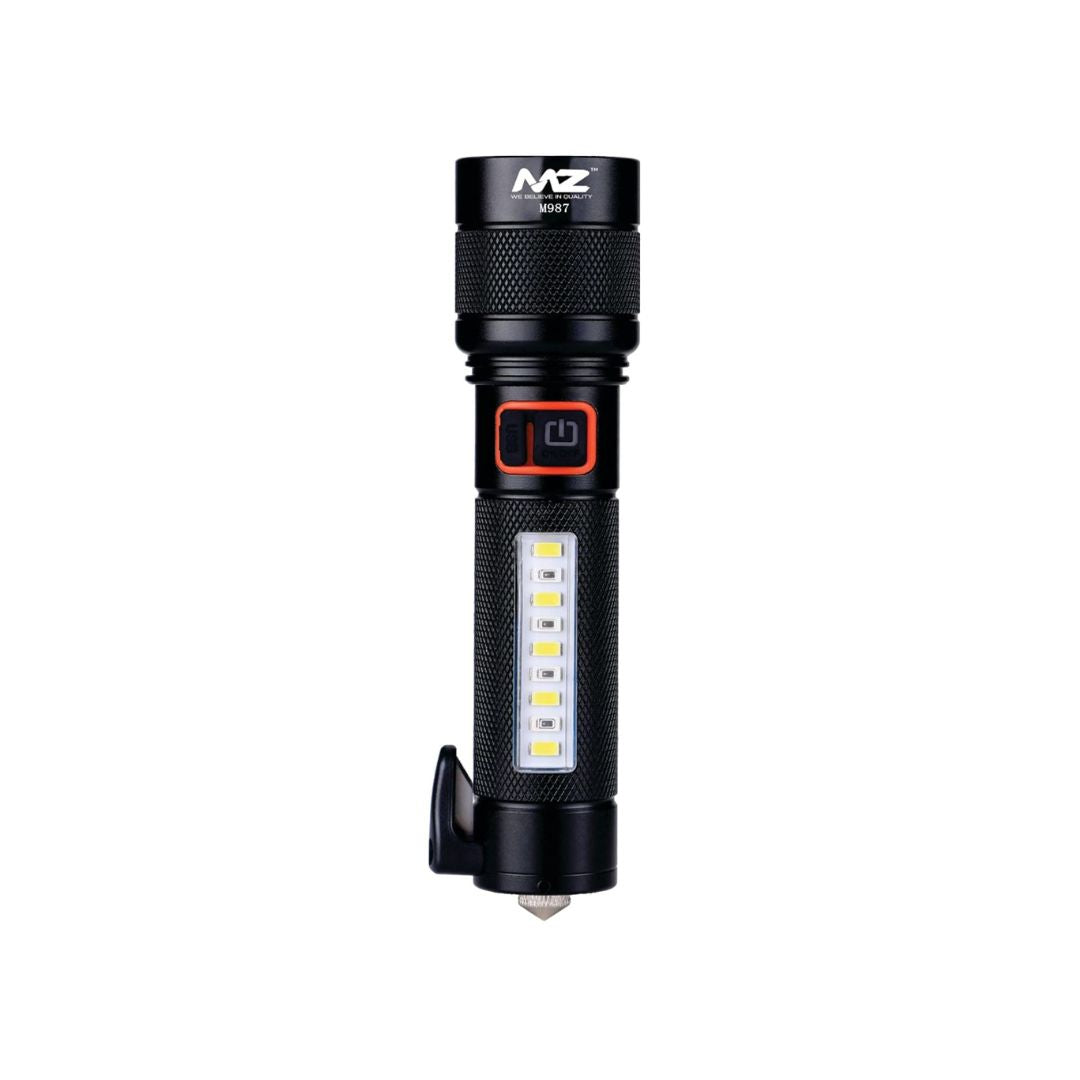 LED Tactical Flashlight – Rechargeable Multi-Function Emergency Torch with Hammer and Seatbelt Cutter (MZ M987-Black)