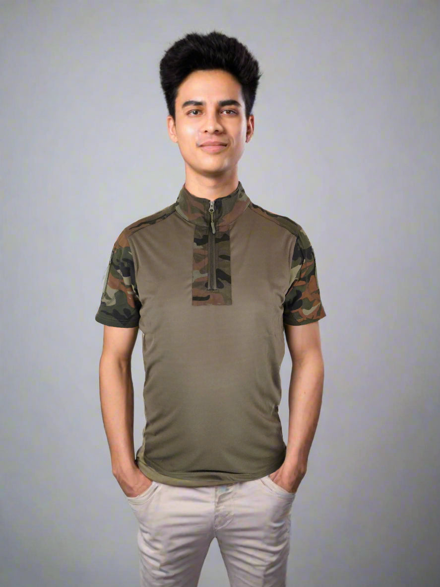 CAMO URI STAND COLLAR T-SHIRT– Military-Style Half Sleeve Outdoor Tee