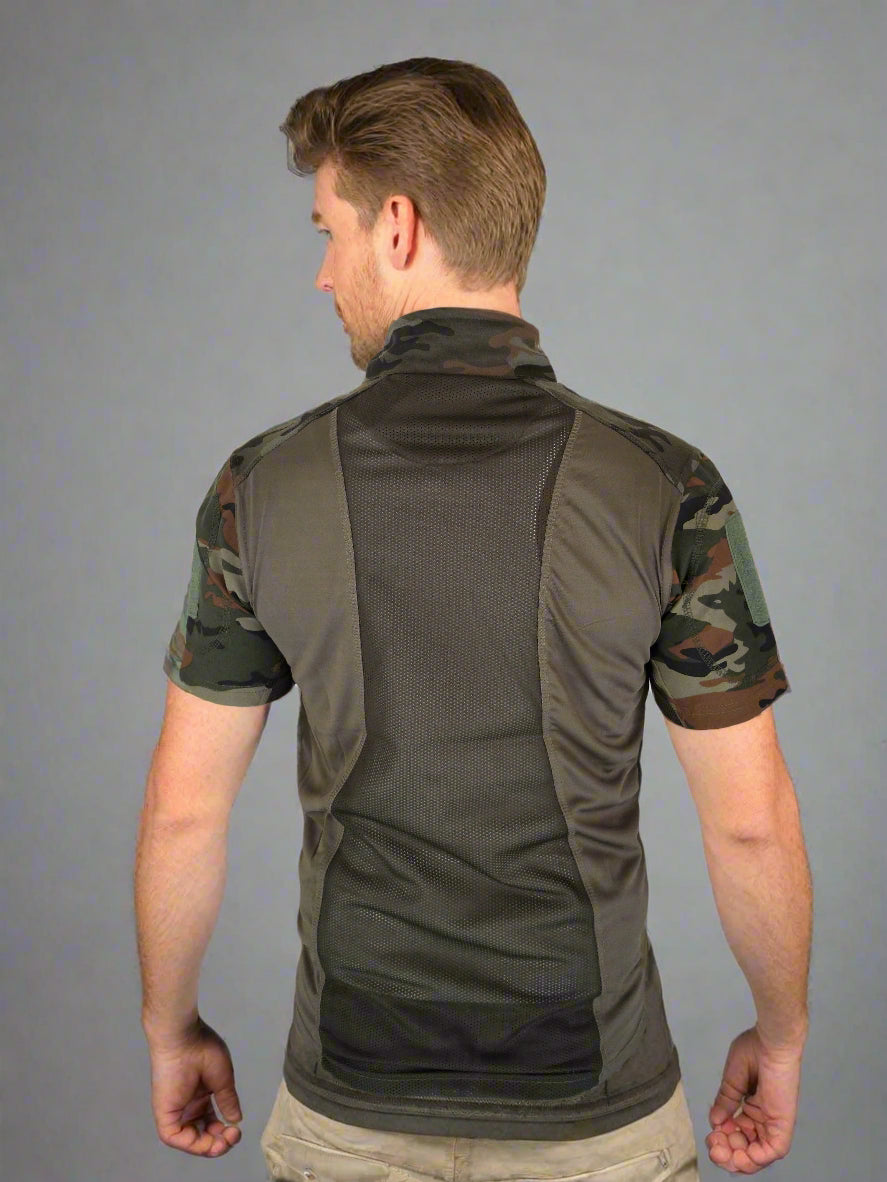 CAMO URI STAND COLLAR T-SHIRT– Military-Style Half Sleeve Outdoor Tee