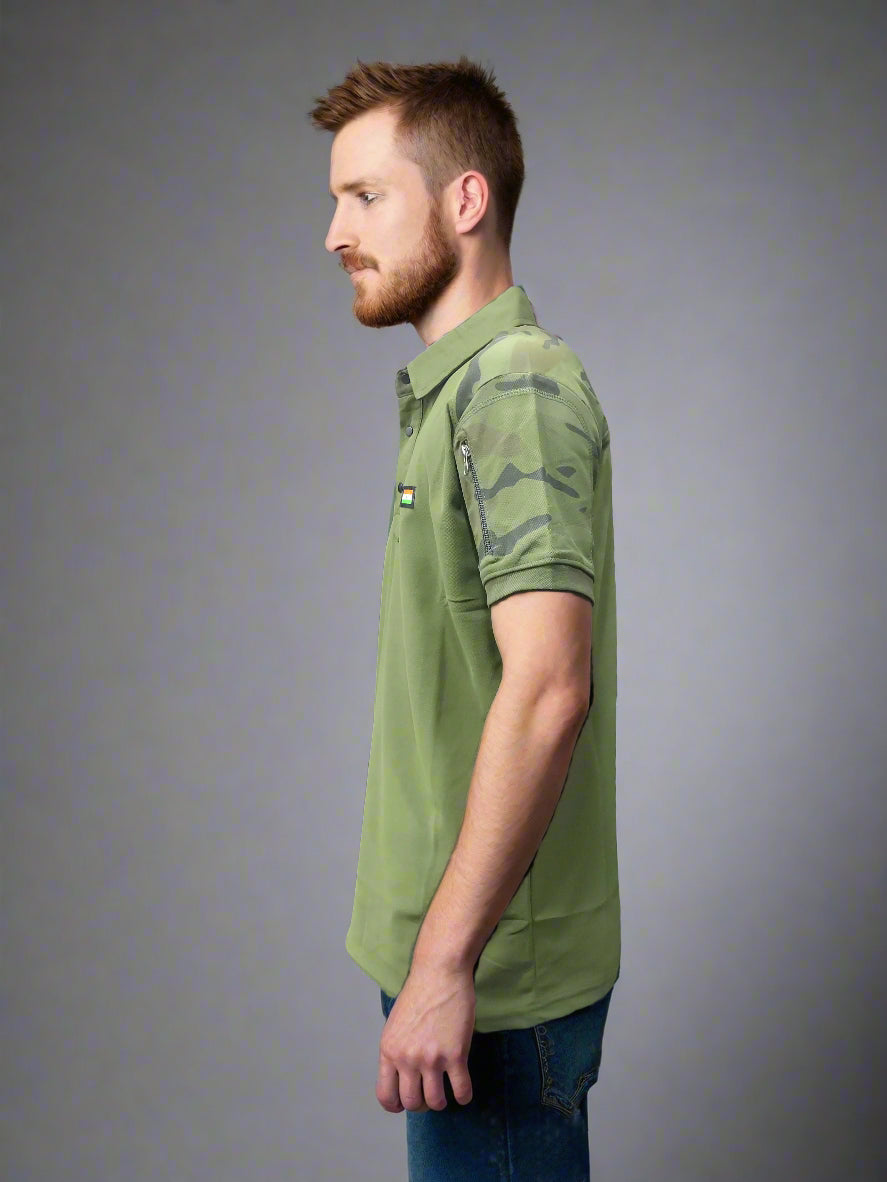 CAMO CLLR T-SHIRT WITH CHEST FLAG– Military-Style Half Sleeve Cotton Tee