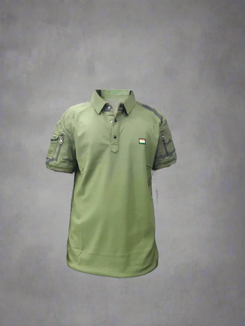 CAMO CLLR T-SHIRT WITH CHEST FLAG– Military-Style Half Sleeve Cotton Tee - The Adventure Hut