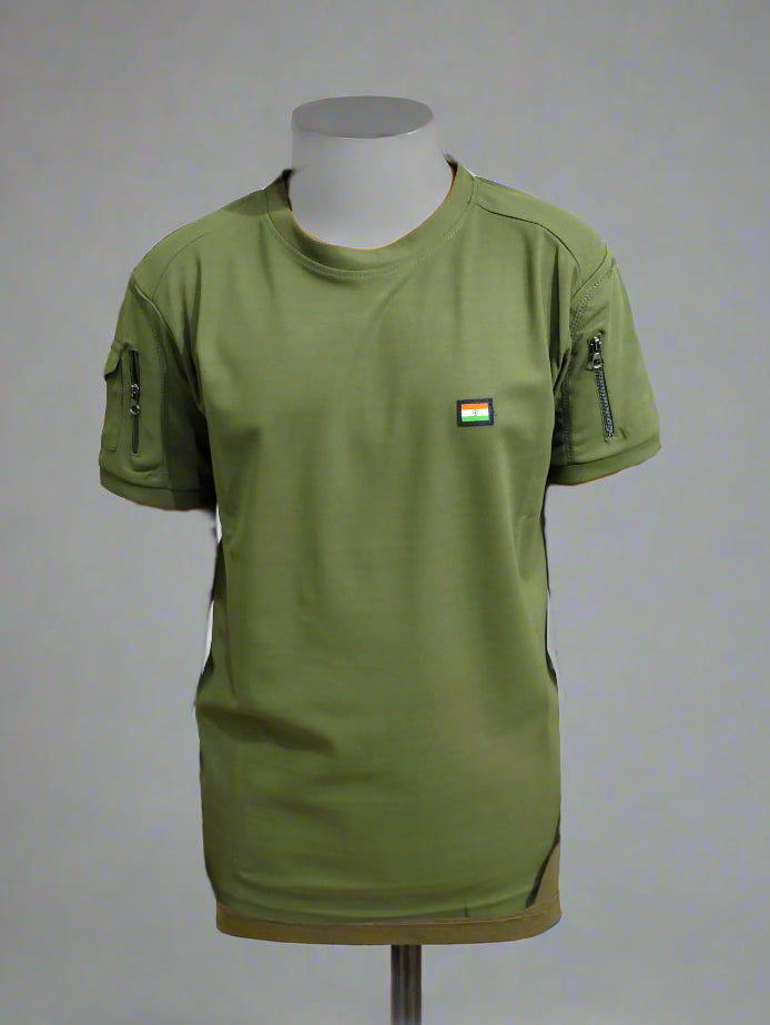 Green t-shirt on a mannequin against a gray background
