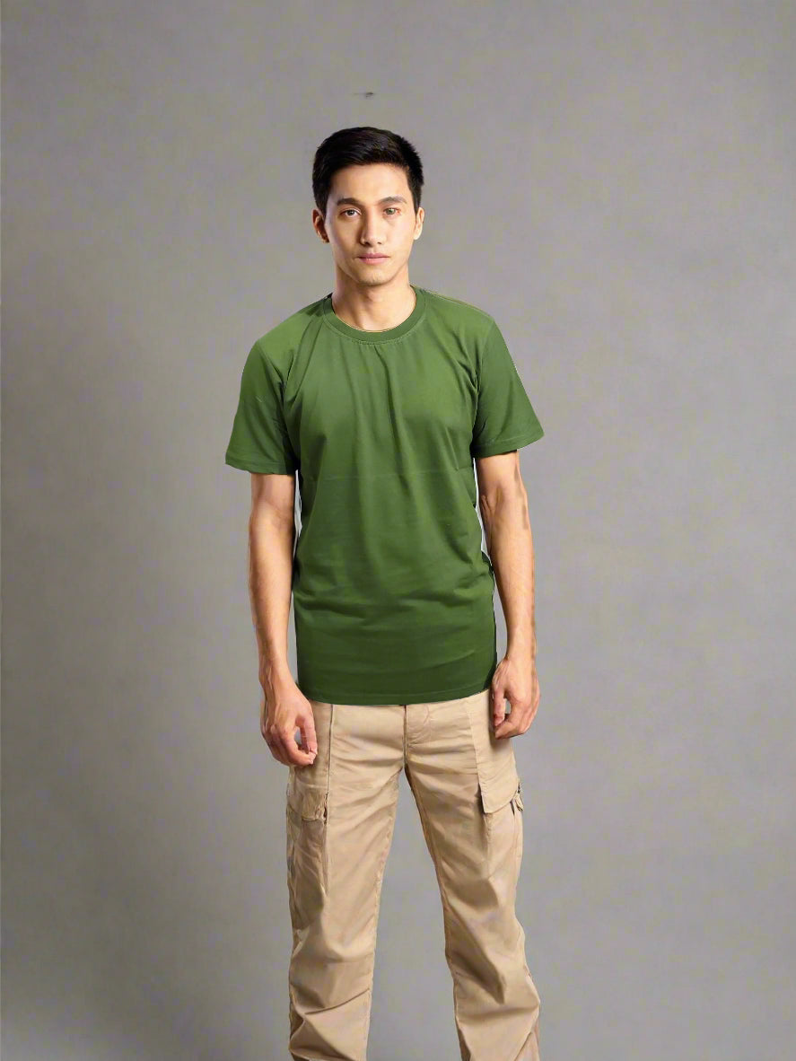 OG OLIVE GREEN PLAIN T-SHIRT (MR)-Round Neck Half Sleeve Cotton Tee