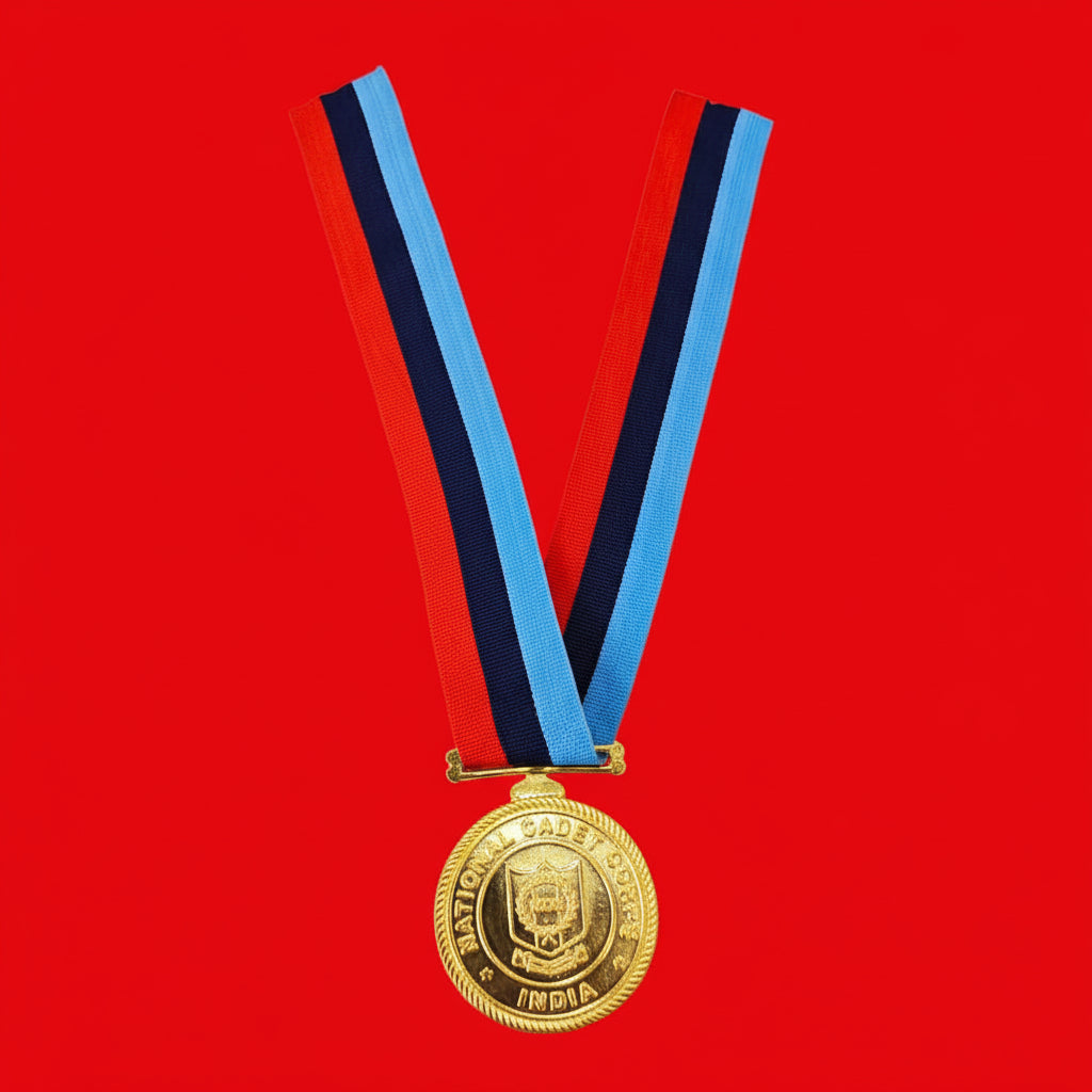 NCC AWARD GOLDEN MEDAL WITH NCC TRICOLOUR RIBBON AND BOTH SIDE LOGO MADE OF METAL( 5CM DIAMETER)