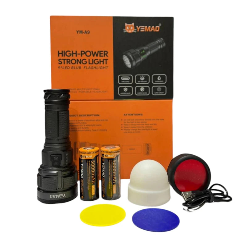 YEMAO YM-A9 9LED 2x26650 Flashlight with Power Bank, Type-C, filters and cap - The Adventure Hut