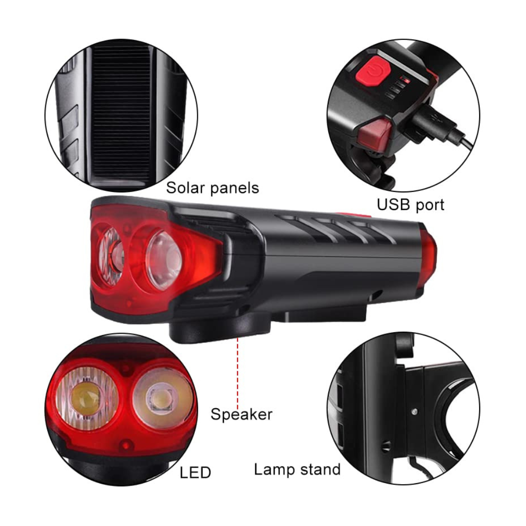 Solar USB Rechargeable Bike Light | 300 Lumens, 5 Modes & 120dB Horn | THE ADVENTURE HUT