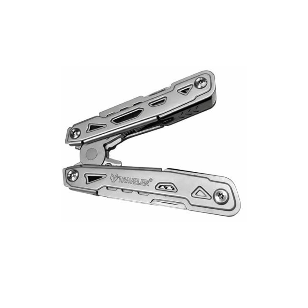 Compact silver folding multitool for camping and outdoor use