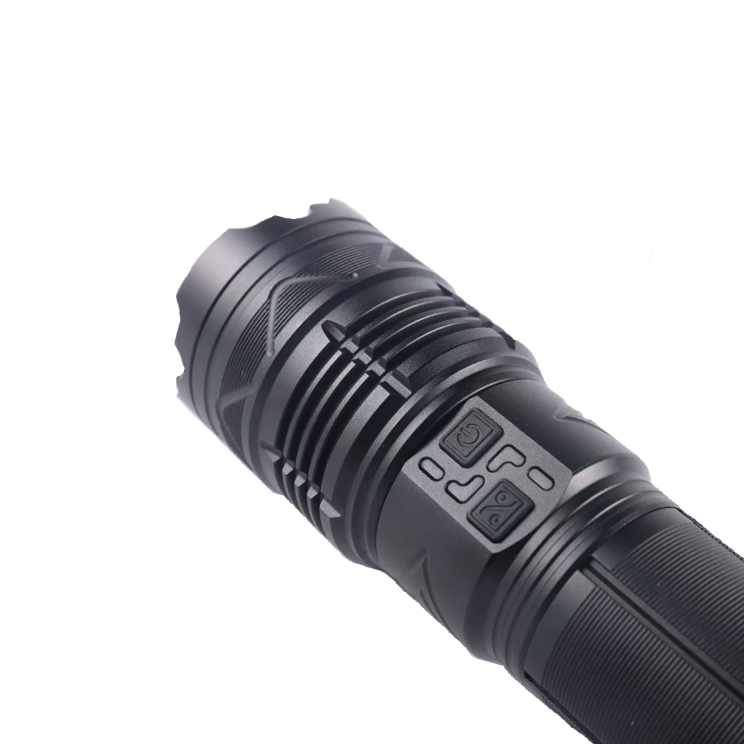 Black flashlight with control buttons on a white background