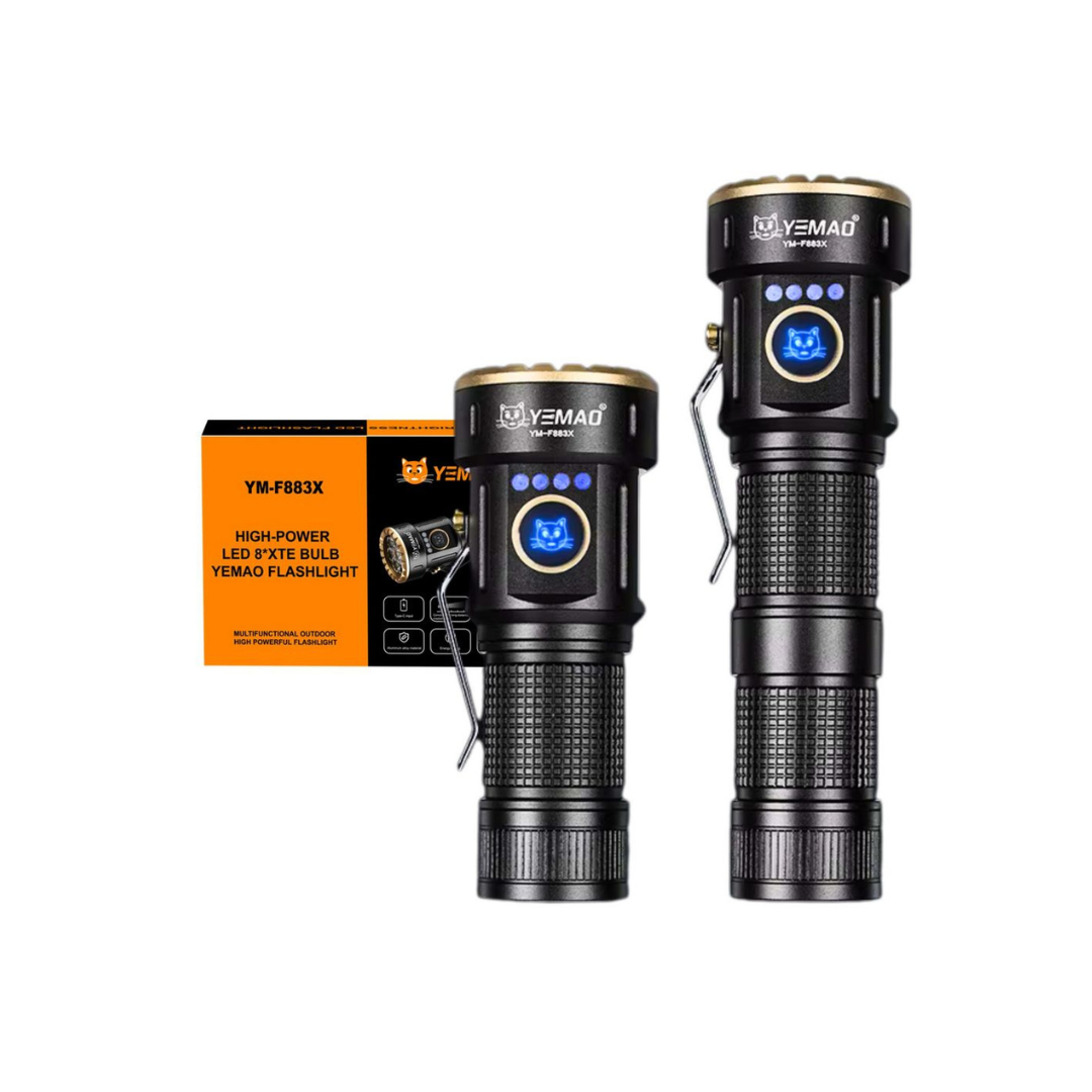 Two black flashlights with digital displays and a YWEMAD branded box on a white background