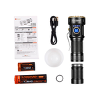 YEMAD flashlight set with batteries, charger, and accessories on a white background