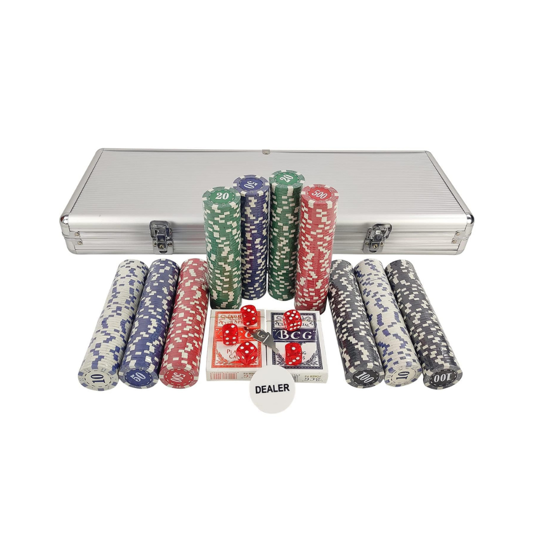500pc Casino Size Poker Chip Set with 2 Deck of Cards and 5 Dice in Lockable Aluminum Hard Case, Poker Set