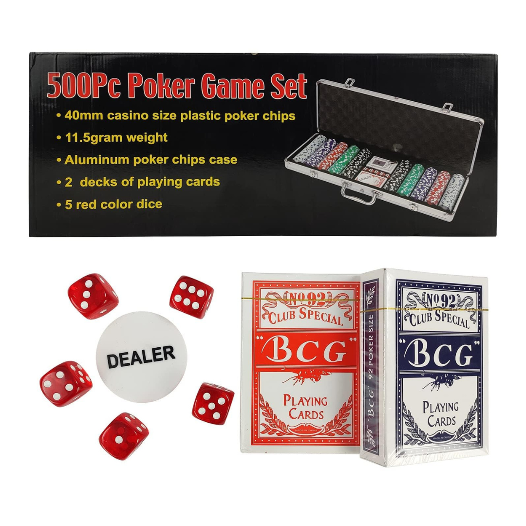 500pc Casino Size Poker Chip Set with 2 Deck of Cards and 5 Dice in Lockable Aluminum Hard Case, Poker Set