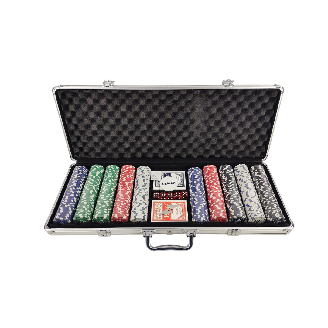 500pc Casino Size Poker Chip Set with 2 Deck of Cards and 5 Dice in Lockable Aluminum Hard Case, Poker Set