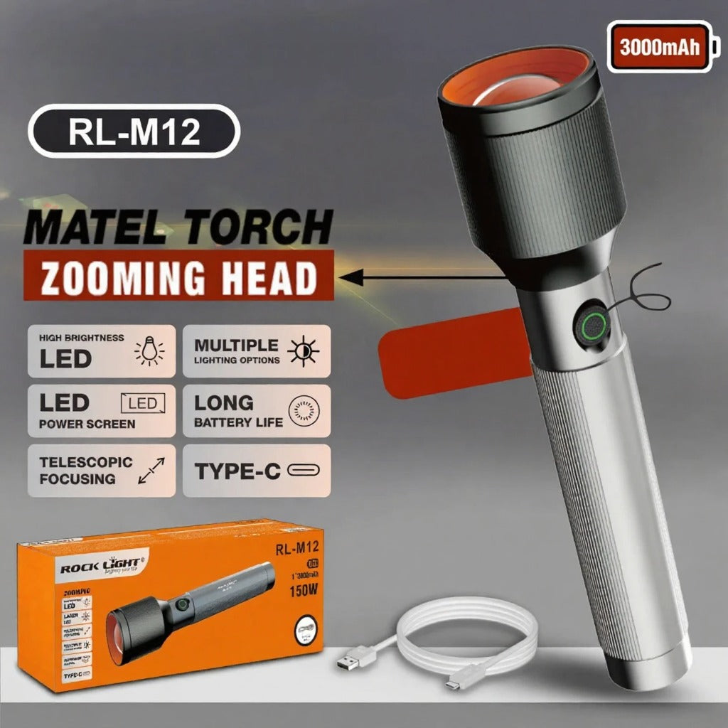 LED Torch Aluminium Body Torch Light (RL-M12 )(Type-C Rechargeable)