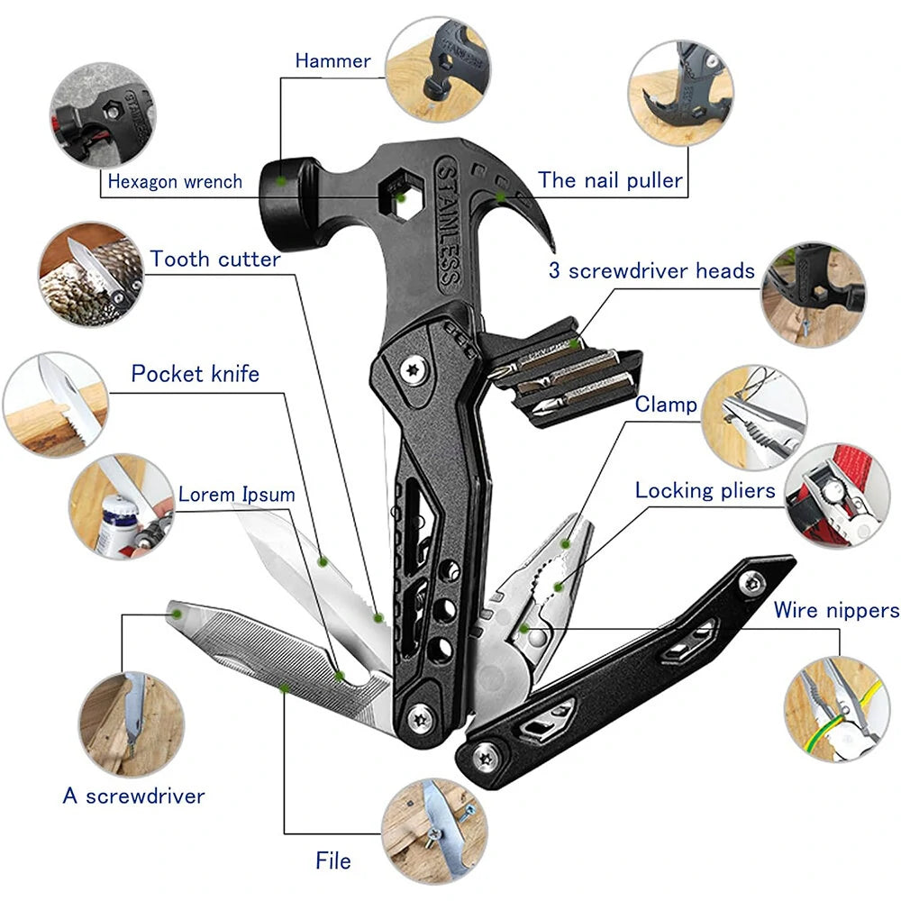 Multitool with various tools and features illustrated on a white background