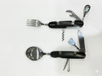 Traveler stainless steel camping multi-tool cutlery set with fork, spoon, corkscrew and grey travel pouch