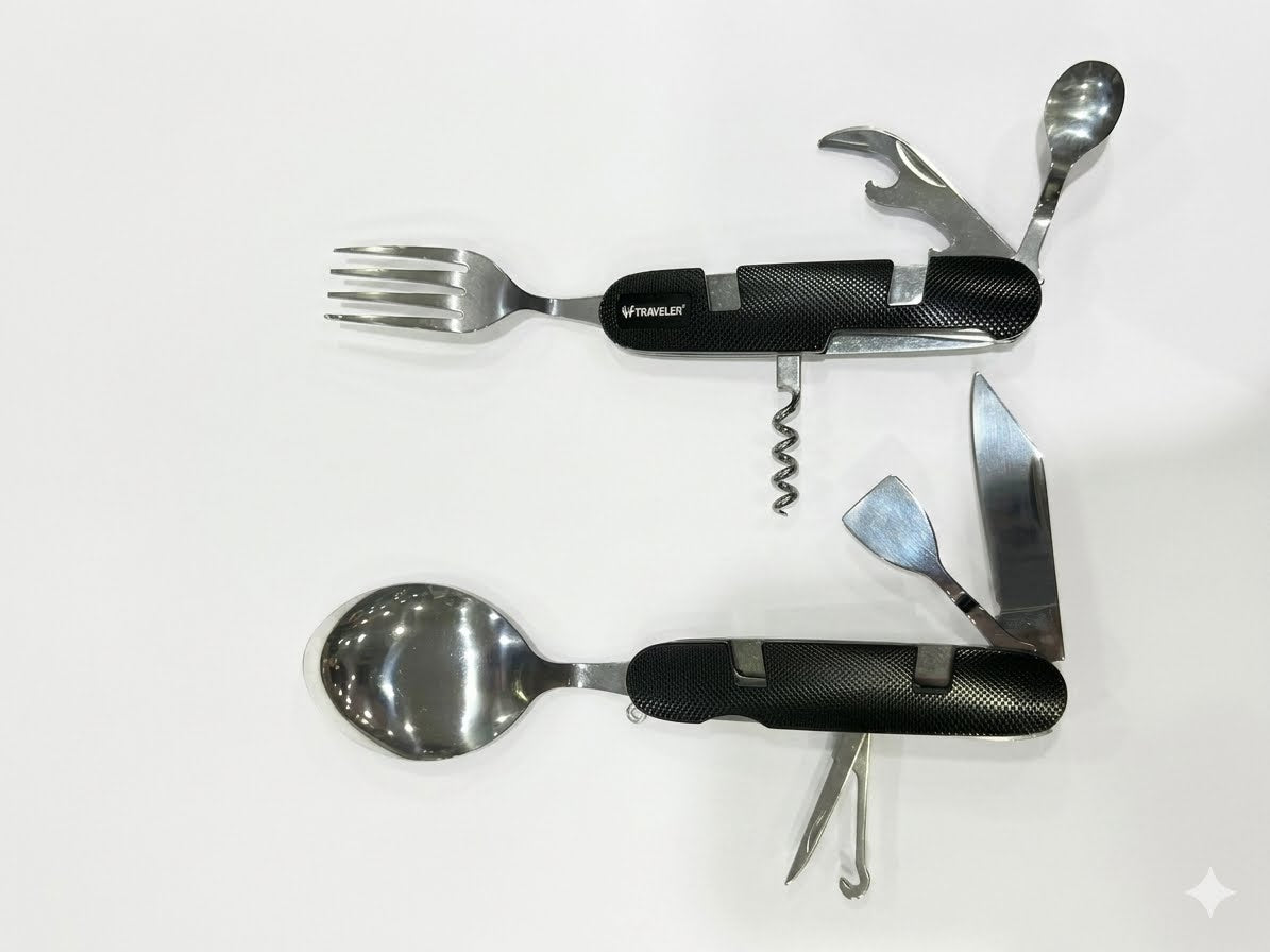 Traveler stainless steel camping multi-tool cutlery set with fork, spoon, corkscrew and grey travel pouch
