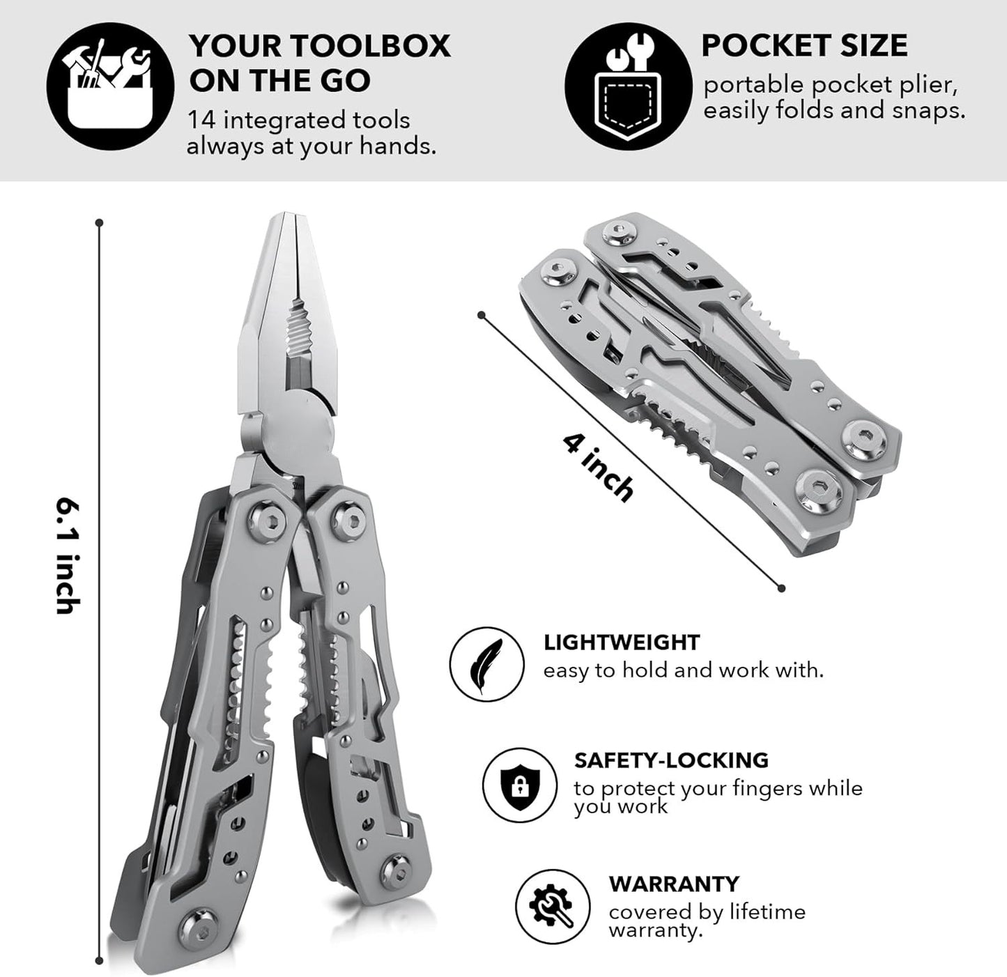 14-in-1 Portable Multi-tool with Safety Locking, Professional Stainless Steel Pliers Pocket Knife,Apply to Survival, Camping,Gifts