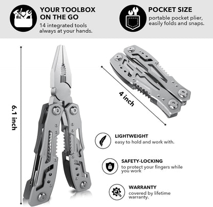 14-in-1 Portable Multi-tool with Safety Locking, Professional Stainless Steel Pliers Pocket Knife,Apply to Survival, Camping,Gifts