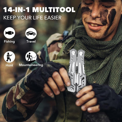 14-in-1 Portable Multi-tool with Safety Locking, Professional Stainless Steel Pliers Pocket Knife,Apply to Survival, Camping,Gifts