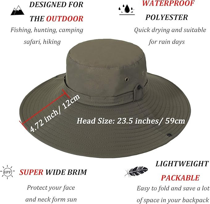 Sun Hat Wide Brim, UV Protection Safari Hat Boonie Hat Summer Fishing Hat, Plain Army