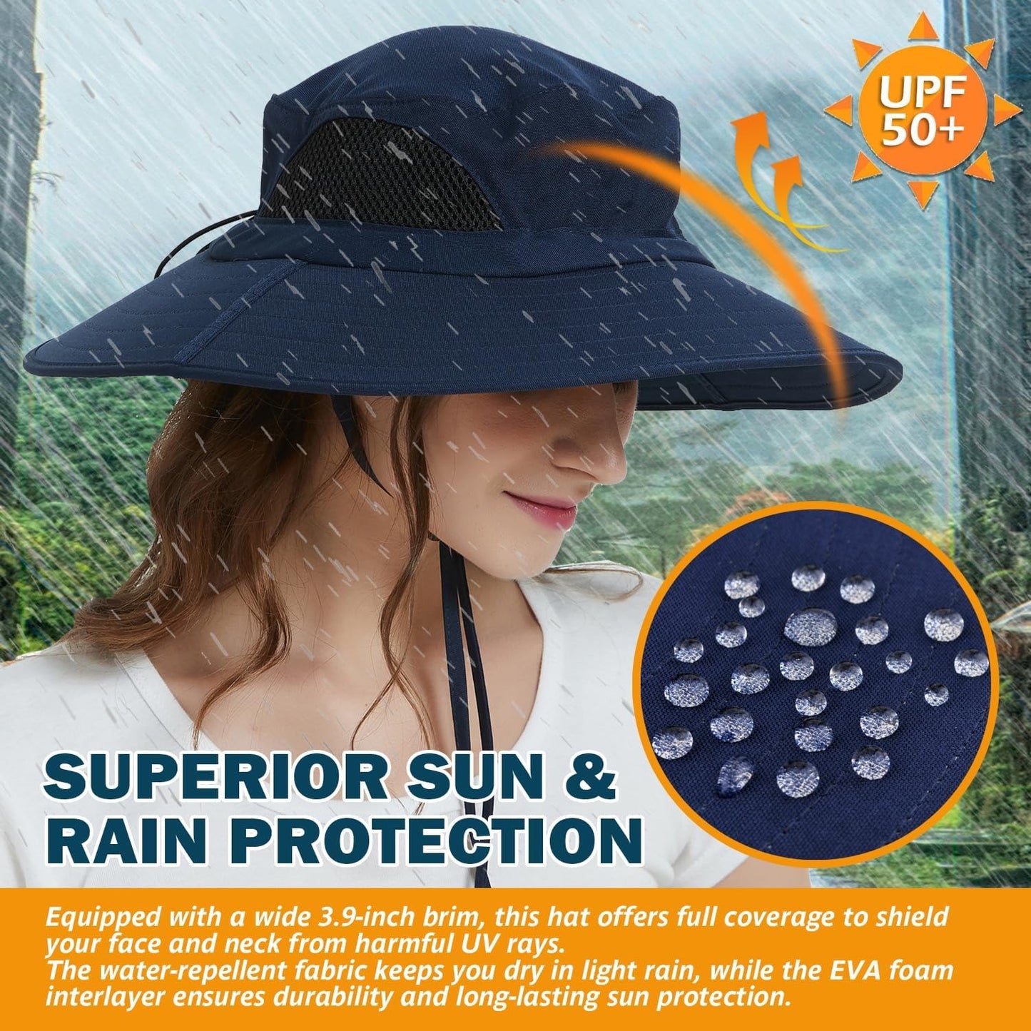 Sun Hat for Men & Women, Wide Brim Foldable Fishing Hat UV Protection Summer Hat (NAVY BLUE)