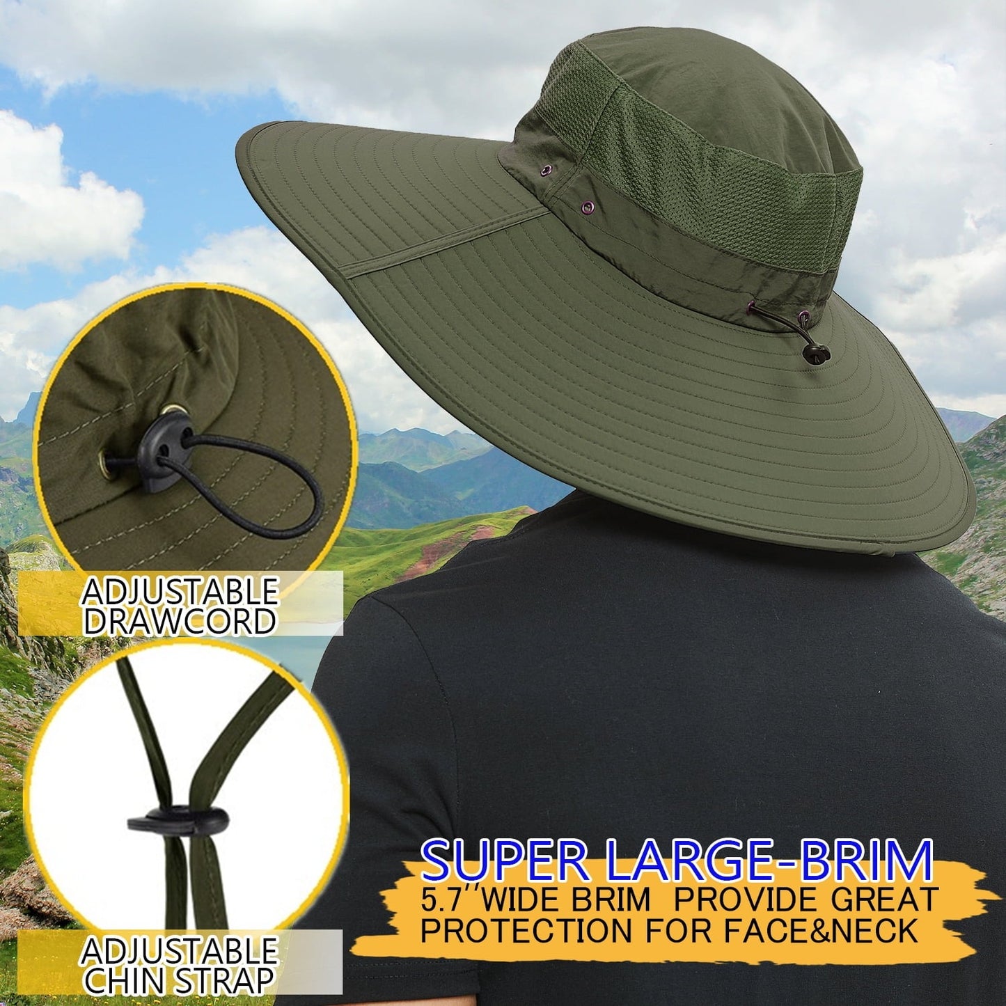 Outdoor Sun Hat for Men & Women Breathable Wide Brim Fishing Hat UPF 50+ UV Protection with Removable Face & Neck Flap for Backpacking Hiking Travel Camping Gardening & Boating