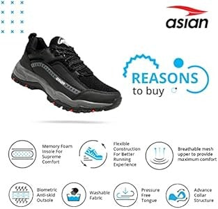 ASIAN Men's Everest-01 Sports Trekking & Hiking,Walking Shoes with Rubber Outsole & Memory Foam Insole Lace-Up Shoes (Black)