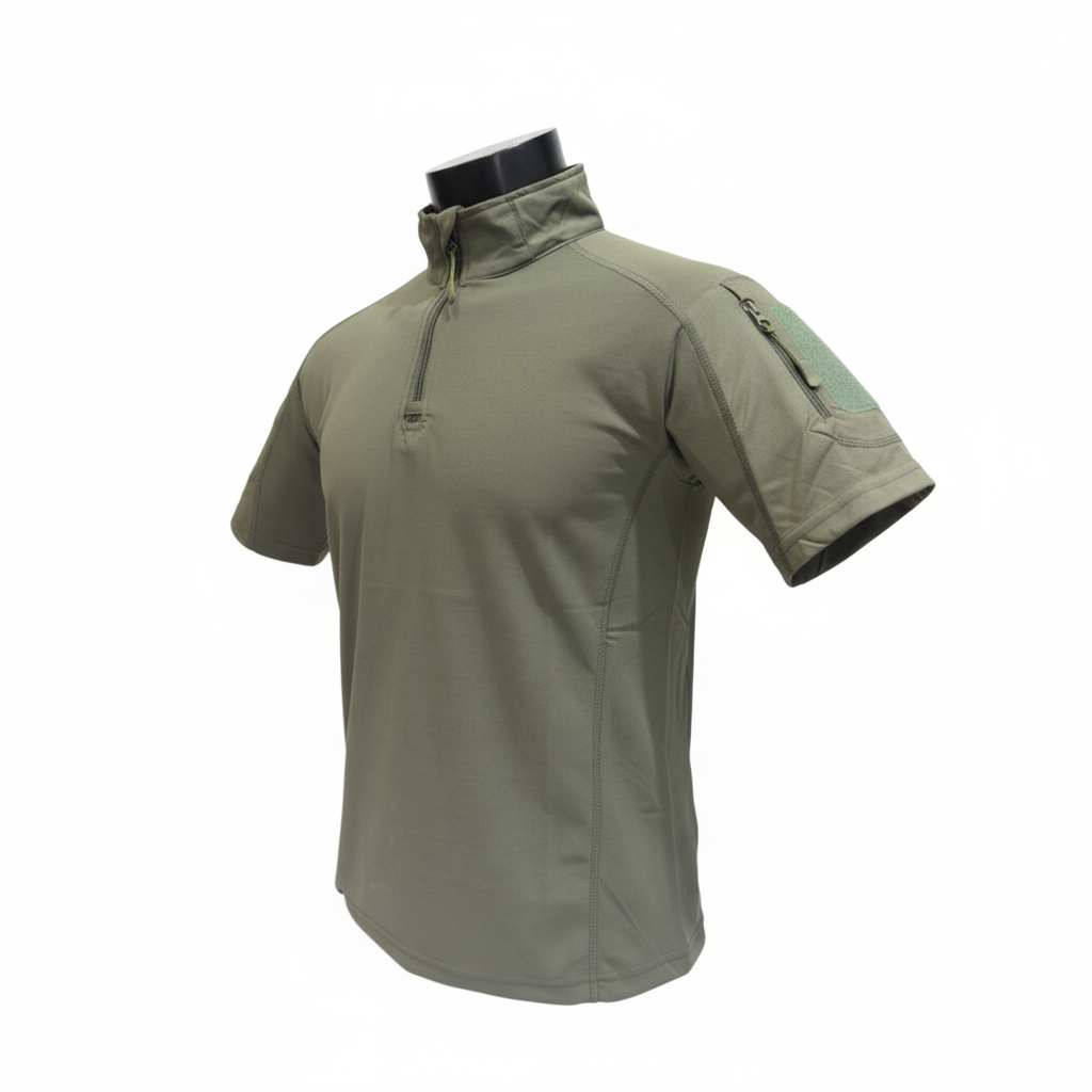 Tactical combat shirt three-quarter view showing zippered sleeve pocket