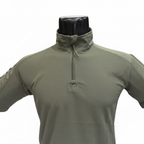 Close-up detail of quarter-zip collar and velcro patch panel