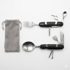 Traveler stainless steel camping multi-tool cutlery set with fork, spoon, corkscrew and grey travel pouch