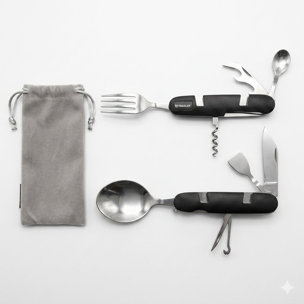 Traveler stainless steel camping multi-tool cutlery set with fork, spoon, corkscrew and grey travel pouch