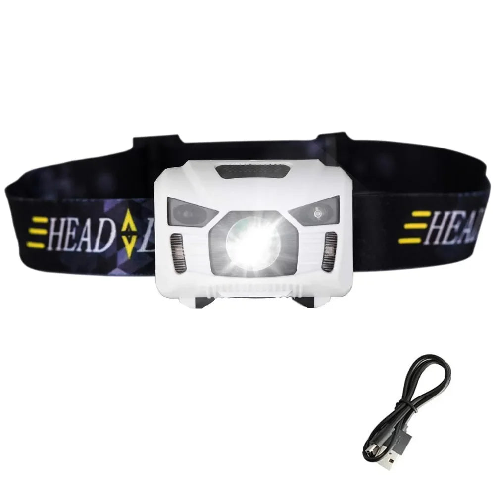 White LED headlamp with adjustable strap and USB charging cable on white background