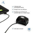 USB rechargeable bike light charging via laptop, 1200mAh battery, USB cable included.