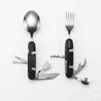 Traveler stainless steel camping multi-tool cutlery set with fork, spoon, corkscrew and grey travel pouch