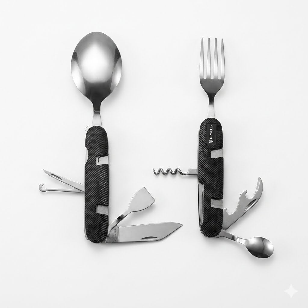 Traveler stainless steel camping multi-tool cutlery set with fork, spoon, corkscrew and grey travel pouch