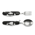 Traveler stainless steel camping multi-tool cutlery set with fork, spoon, corkscrew and grey travel pouch
