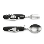 Traveler stainless steel camping multi-tool cutlery set with fork, spoon, corkscrew and grey travel pouch