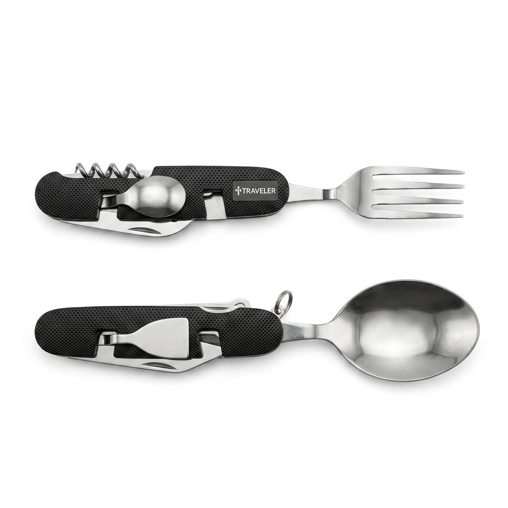 Traveler stainless steel camping multi-tool cutlery set with fork, spoon, corkscrew and grey travel pouch