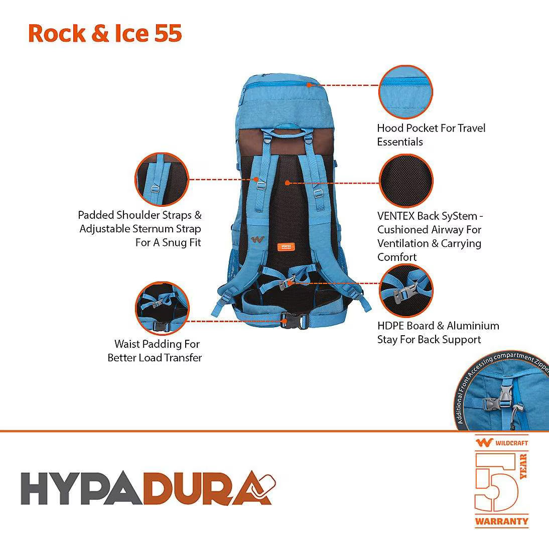 Wildcraft Rock & Ice 55L Trekking Backpack – Durable, Lightweight Rucksack for Hiking & Travel (12104-Blue)